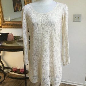 LOVE 21 Casual Eyelet Laced Short Dress Long Sleeve Lined A- Line Beige  S